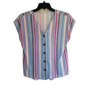 FLT Studio Striped Button Down V-Neck Sleeveless Blouse Top Medium
